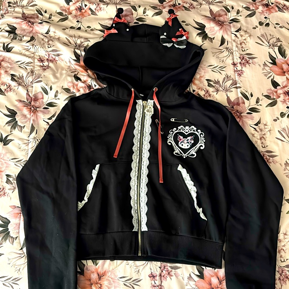 Kuromi lace ribbon crop hoodie